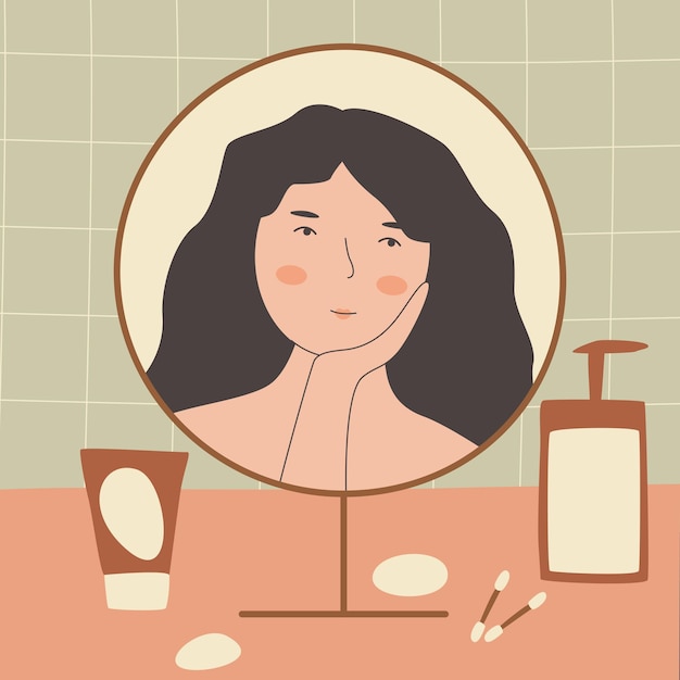 Uma mulher europeia feliz olha no espelho e toca o rosto Aceitando-se Amor próprio Doença de pele Meninas sorridentes com problema de pele ilustração do vetor