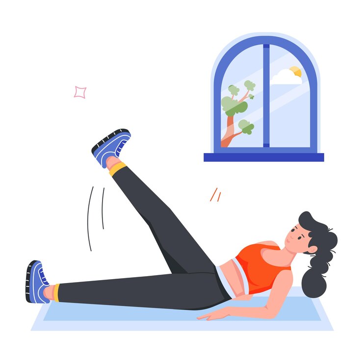 Vetor uma mulher fazendo exercícios de alongamento com uma janela ao fundo
