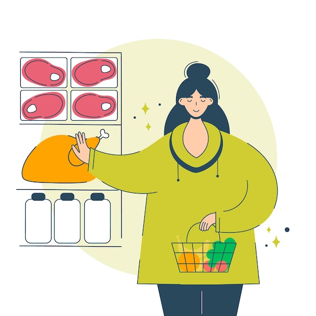 Vetor uma mulher feliz escolhe veganismo e legumes conceito de dieta vegetariana menina com uma cesta cheia de frutas e legumes no supermercado recusa carne e leite