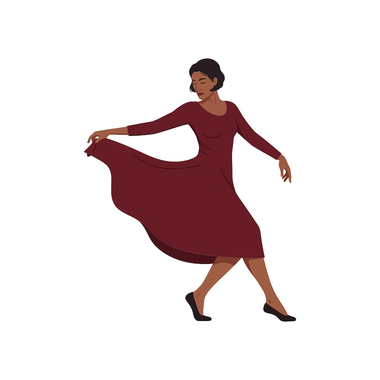 Vetor uma mulher graciosa em um vestido bordeaux fluindo dançando alegremente em uma ilustração vetorial de design plano minimalista