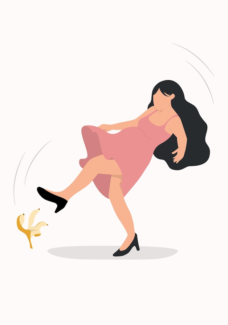 Vetor uma mulher grávida escorregando e caindo de uma casca de banana