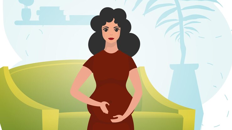 Vetor uma mulher grávida segura a barriga com as mãos fundo natural com quarto cores suaves vetor