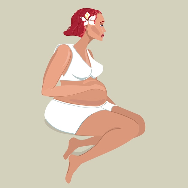 Uma mulher grávida senta-se de calcinha e segura a barriga. ilustração moderna