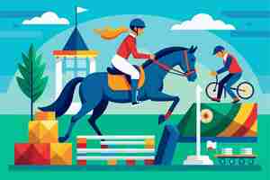 Vetor uma mulher habilmente guia seu cavalo enquanto eles pulam sobre um obstáculo no percurso equestre paralímpico ilustração plana personalizável