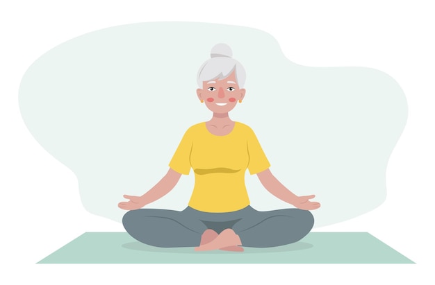 Uma mulher idosa pratica ioga em casa Ilustração vetorial em fundo branco