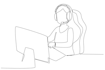 Uma mulher jogando jogos online em um computador desenho de uma linha de jogos  online