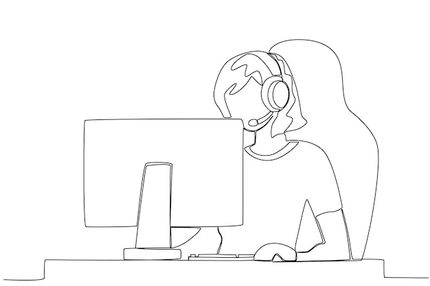 Uma mulher jogando jogos online em um computador desenho de uma linha de jogos  online