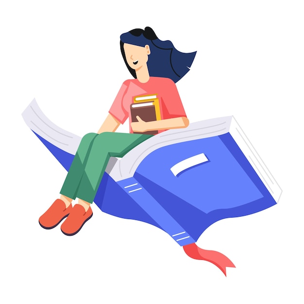 uma mulher lendo um livro com um fundo azul