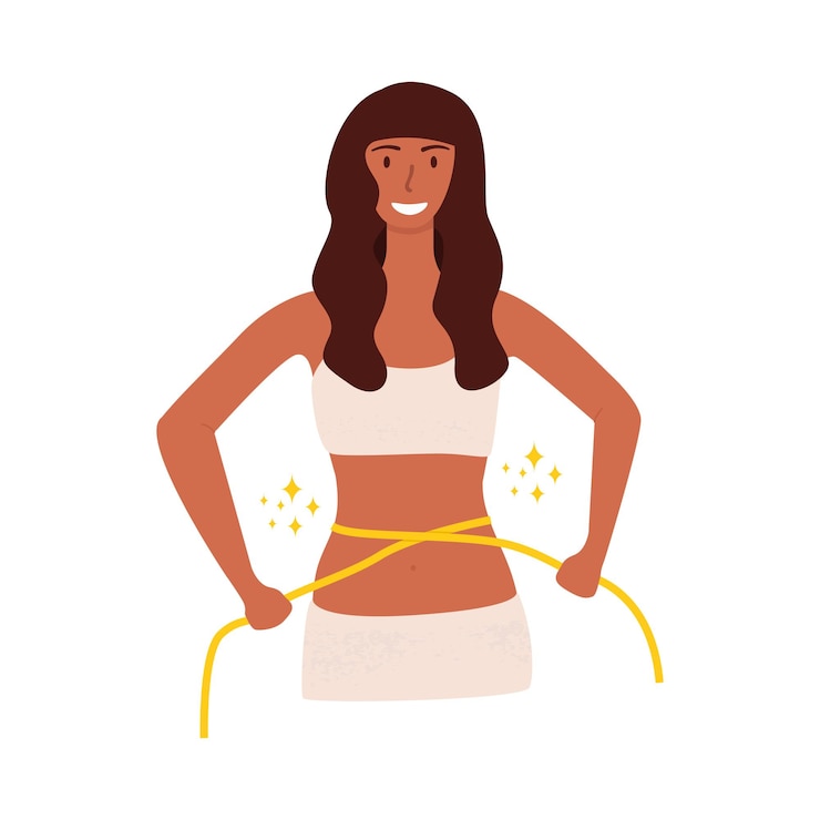 Vetor uma mulher medindo a cintura com uma fita métrica. os resultados de um estilo de vida e esportes adequados.