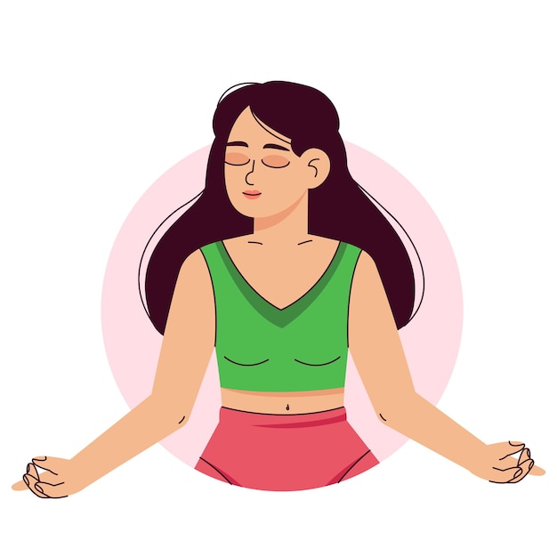 Vetor uma mulher medita na posição de lótus pilates yoga e meditação relaxamento e relaxamento paz interior e equilíbrio uma jovem cuida de sua saúde ilustração vetorial plana