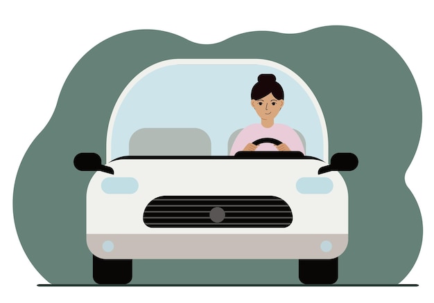 Uma mulher motorista dirige um carro branco na estrada. vista frontal. ilustração em vetor plana