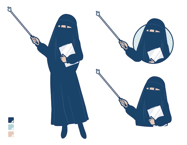 Uma mulher muçulmana vestindo um niqab com explicação com imagens de um bastão apontador