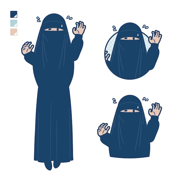 Uma mulher muçulmana vestindo um niqab com imagens de pânico