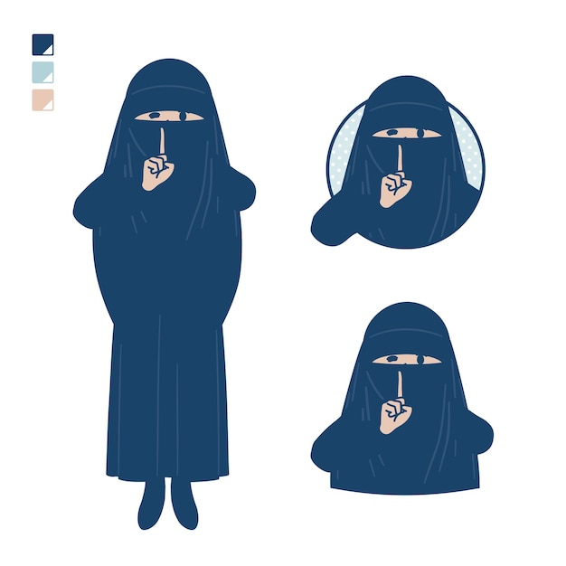 Vetor uma mulher muçulmana vestindo um niqab com imagens de sinal de mão quieta