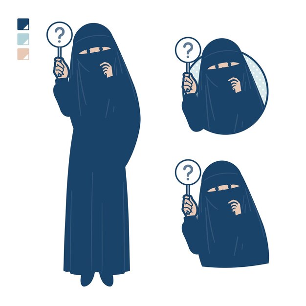 Uma mulher muçulmana vestindo um niqab com imagens do painel de perguntas