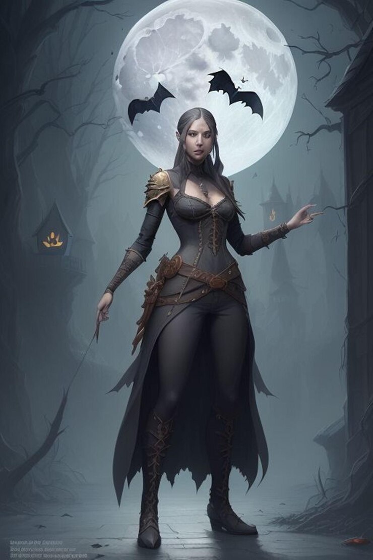 Vetor uma mulher numa floresta escura com uma lua atrás dela