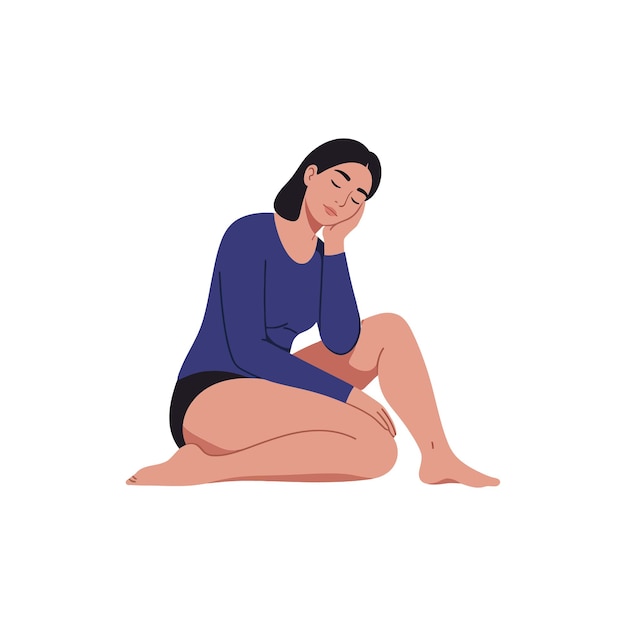 Uma mulher pensativa em um top azul sentada graciosamente no chão em um ambiente mínimo e calmante mostrando um humor relaxado em ilustração vetorial
