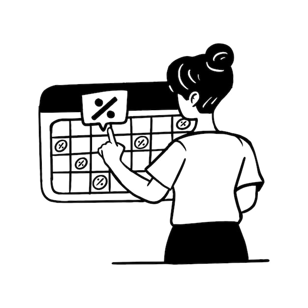 Vetor uma mulher planejando desconto em uma ilustração vetorial desenhada à mão de calendário