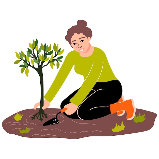 Uma mulher planta uma árvore no chão. plantio. proteção ecológica. aterrissagem. vetor