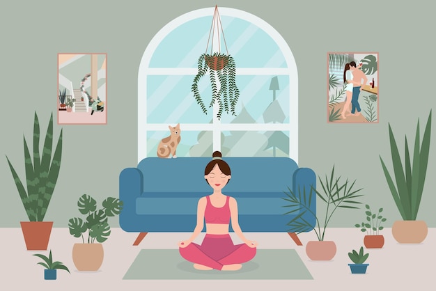 Uma mulher pratica ioga em posição de lótus em uma sala aconchegante com uma grande janela de plantas em vasos