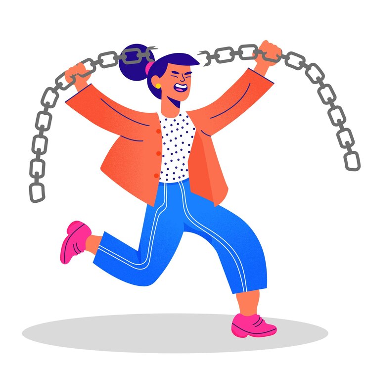Vetor uma mulher quebra felizmente uma cadeia mostrando o empoderamento da mulher