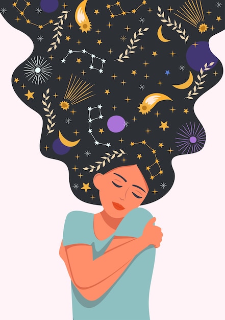 Vetor uma mulher se abraça em sua cabeça há um cosmos de uma estrela o conceito de harmonia de amor próprio e equilíbrio psicologia saúde mental ilustração vetorial