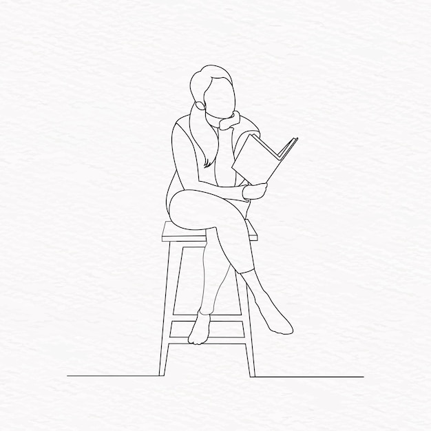 Uma mulher se senta em um banquinho e lê uma arte de linha de livro