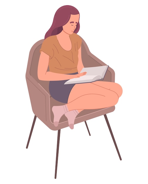 Uma mulher se senta em uma cadeira e lê um livro.