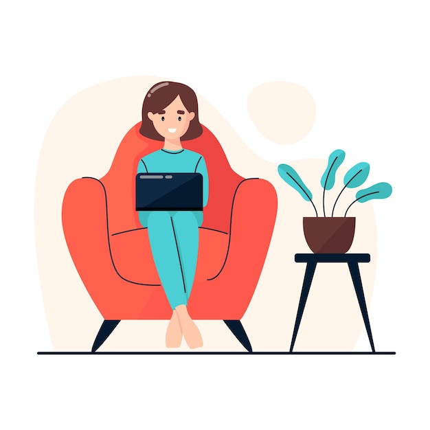 Uma mulher se senta em uma cadeira e trabalha em um laptop trabalho em casa home office freelance
