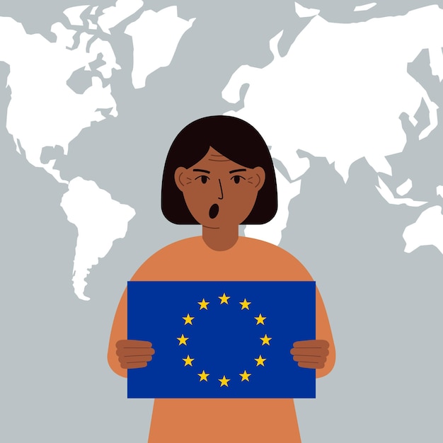 Vetor uma mulher segura a bandeira da união europeia nas mãos no contexto de um mapa do mundo