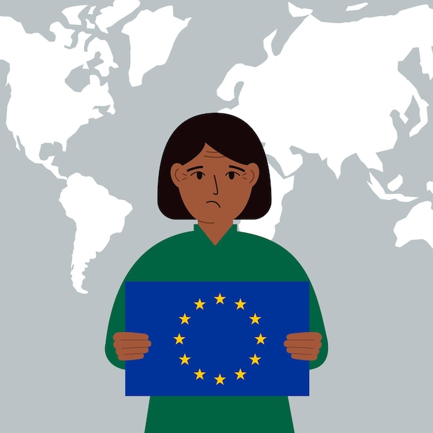 Vetor uma mulher segura a bandeira da união europeia nas mãos no contexto de um mapa do mundo