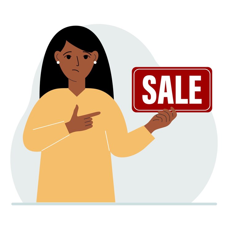 Vetor uma mulher segura um banner com a venda de texto aponta um dedo para o texto o conceito de desconto uma oferta especial em uma loja ou banco um panfleto publicitário