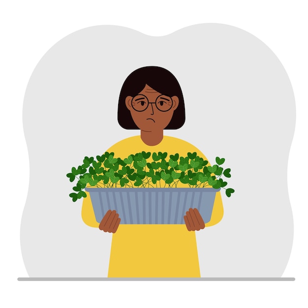 Uma mulher segura um pote com uma planta de casa nas mãos hobby está cultivando plantas e flores