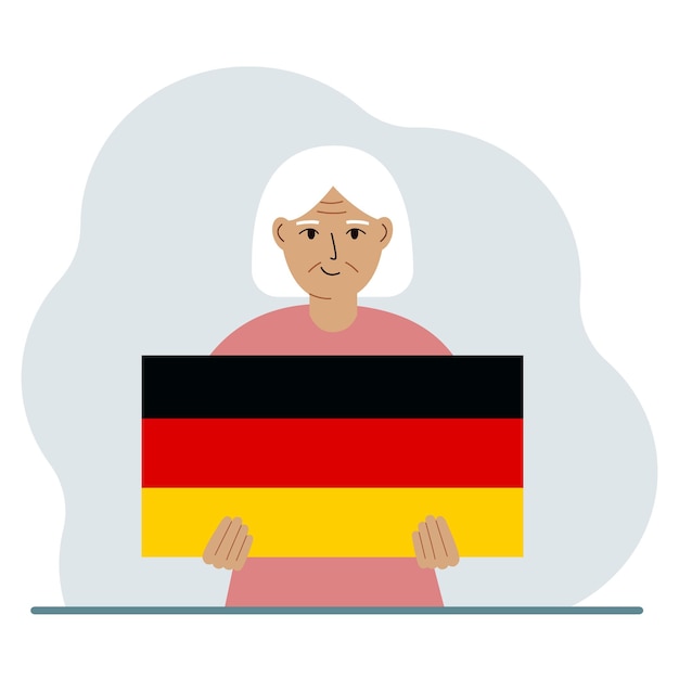 Uma mulher segura uma bandeira alemã em suas mãos o conceito de feriado nacional de demonstração ou patriotismo nacionalidade