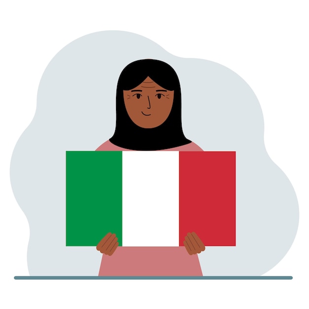 Vetor uma mulher segura uma bandeira italiana em suas mãos o conceito de feriado nacional de demonstração ou patriotismo