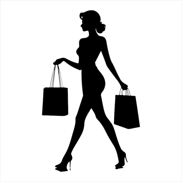Vetor uma mulher segurando sacos de papel depois de fazer compras silhueta de cor preta vetor