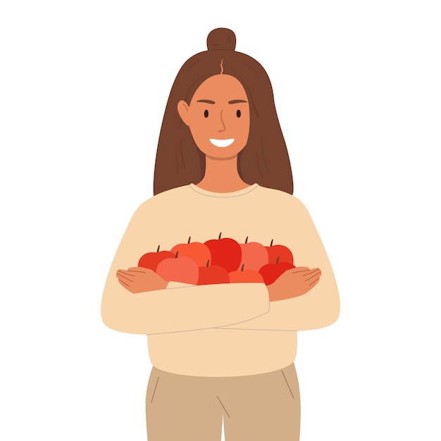 Vetor uma mulher segurando um monte de maçãs nas mãos dela. o conceito de um estilo de vida saudável. um lanche saudável.