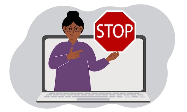 Vetor uma mulher segurando um sinal de parada vermelho na tela de um laptop ataque de vírus erro de conta ou exclusão de página