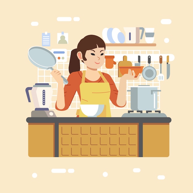 Vetor uma mulher segurando uma tigela e uma frigideira, usando avental na cozinha ensina a cozinhar em uma ilustração de aula de culinária. usado para pôster, imagem da web e outros