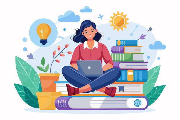 Uma mulher senta-se de pernas cruzadas em uma pilha de livros usando seu laptop com uma ideia de lâmpada acima de sua cabeça Há plantas e um céu ensolarado no fundo