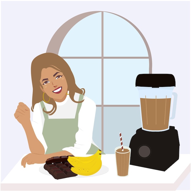uma mulher senta-se em um balcão da cozinha com um liquidificador e um smoothie