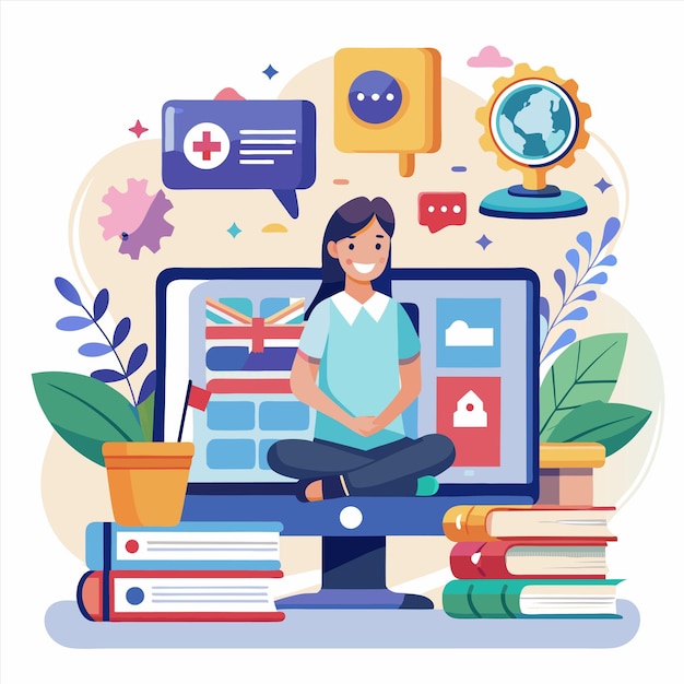 uma mulher senta-se em uma mesa com livros e um laptop com as palavras "sem internet"