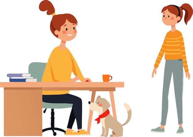 uma mulher senta-se em uma mesa com um cão e um cão