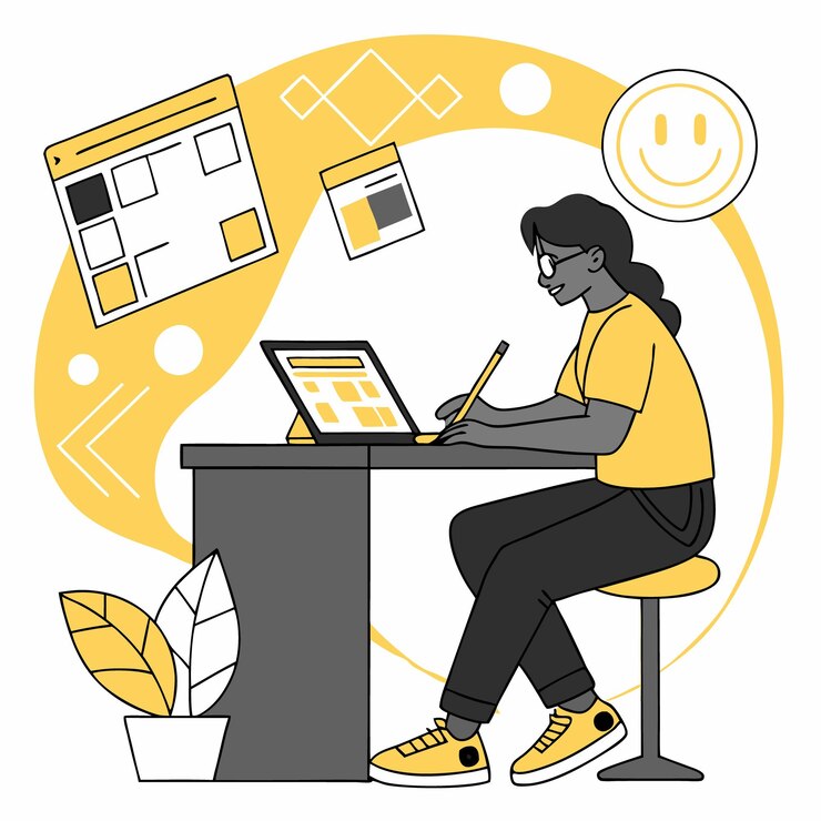 uma mulher senta-se em uma mesa com um laptop e um sinal que diz "I"