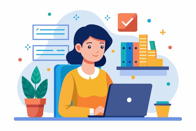Uma mulher senta-se na frente de um laptop concentrando-se no estudo de conceitos de programação com determinação mulher está aprendendo sobre programação Ilustração vetorial plana simples e minimalista