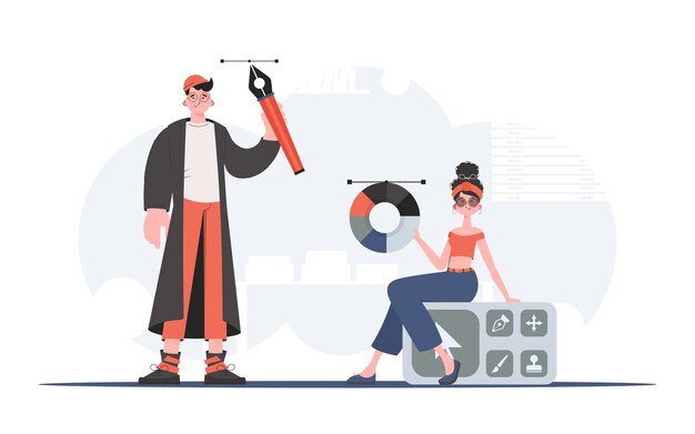 Uma mulher senta-se segurando uma roda de cores ao lado de um elemento de design de homem para ilustração vetorial de apresentação