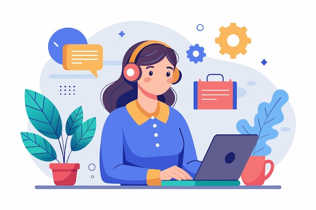 Uma mulher sentada usando fones de ouvido está focada em trabalhar em um laptop. Mulher cliente em telefone móvel se comunicando com o suporte técnico do cliente Ilustração vetorial plana simples e minimalista