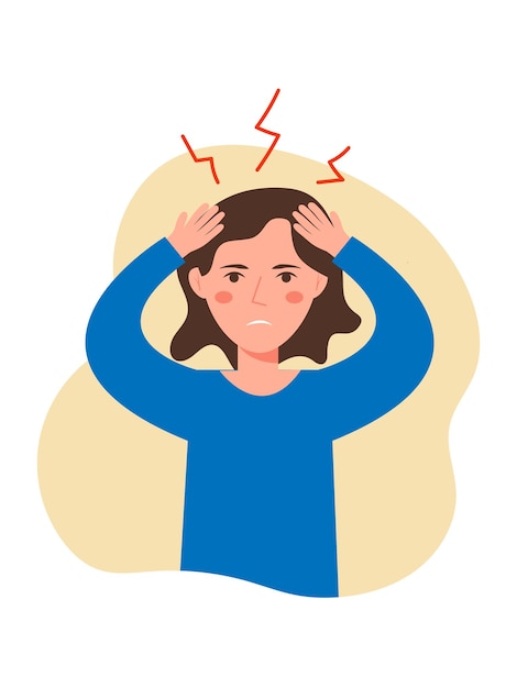 Uma mulher sofre de dores de cabeça e enxaquecas, uma mulher em estilo cartoon. sintomas da doença. ilustração vetorial em estilo simples