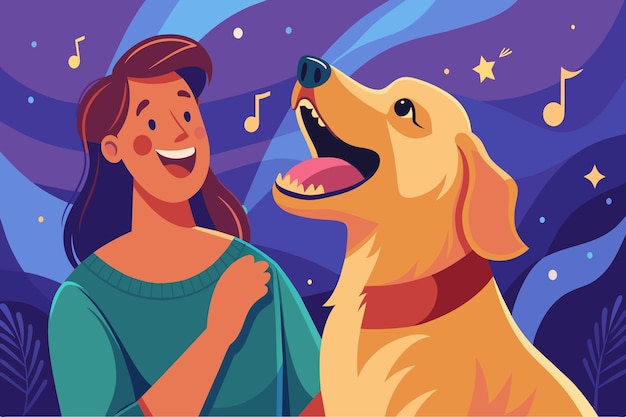 Vetor uma mulher sorridente e seu cão ouvindo música sob um céu estrelado