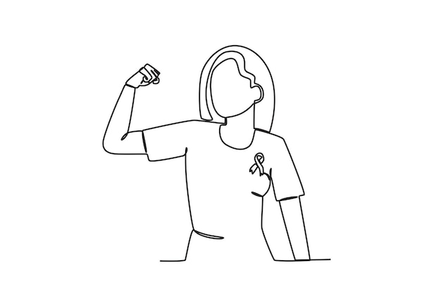 Uma mulher usa uma fita e faz uma pose forte Desenho de uma linha do mês de conscientização sobre o câncer de mama